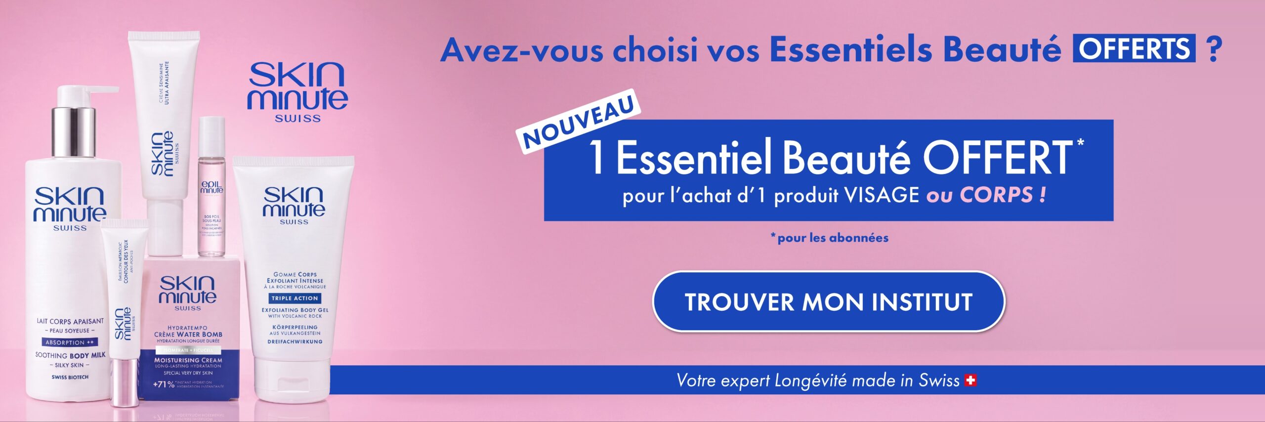 essentiel beauté offert pour l'achat d'un produit Skinminute Swiss Biotech