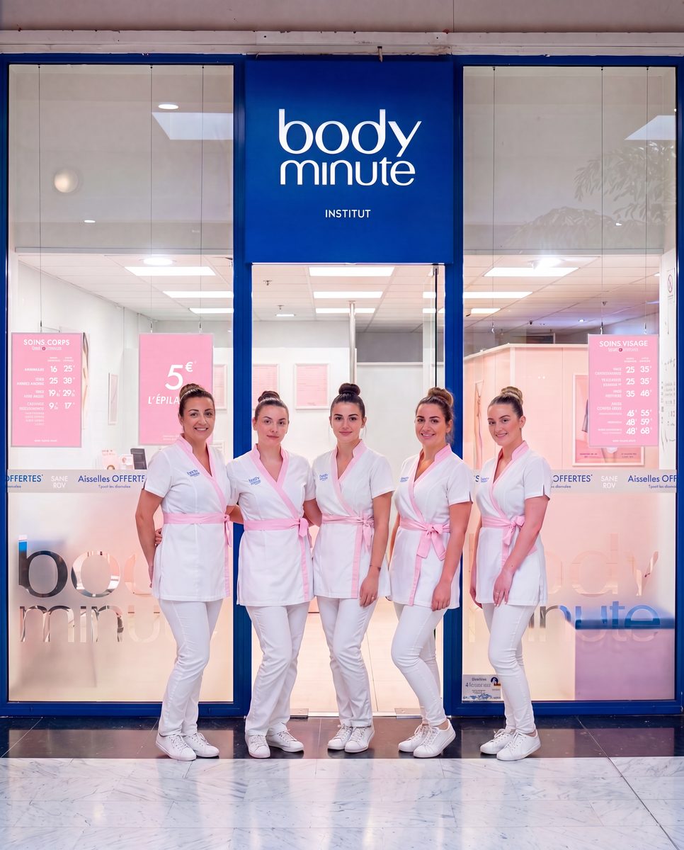 Équipe d’esthéticiennes body minute devant un institut